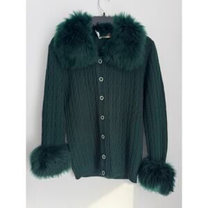 Vintage 70s Knitina Button Down Knit Cardigan Sweater Fur Trim